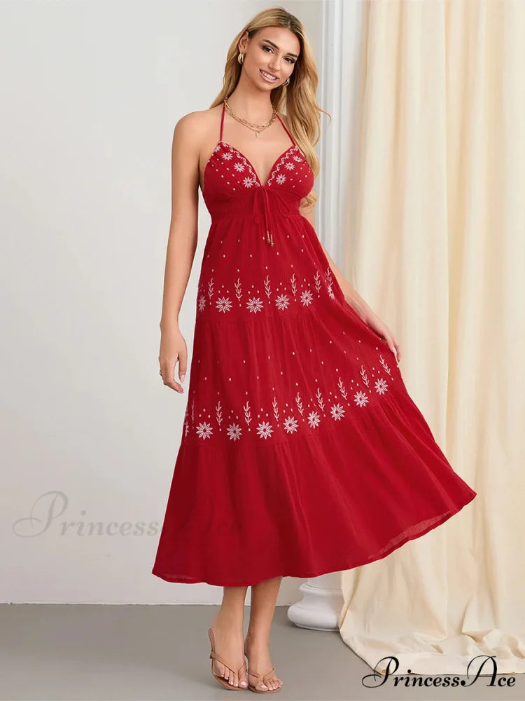 Floral Stitched Cinch-Up Halter Bohemian Open-Back A-Line Beach Dress floraldress-250126