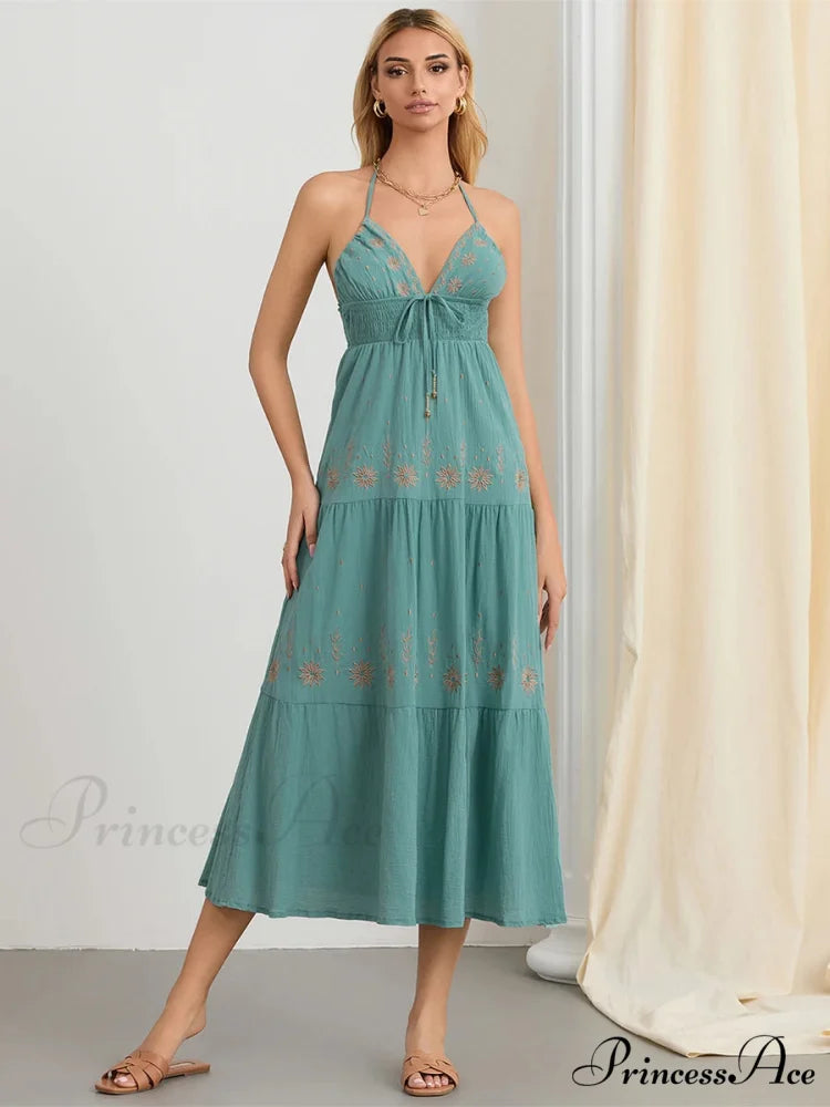 Floral Stitched Cinch-Up Halter Bohemian Open-Back A-Line Beach Dress GREEN / S floraldress-250126