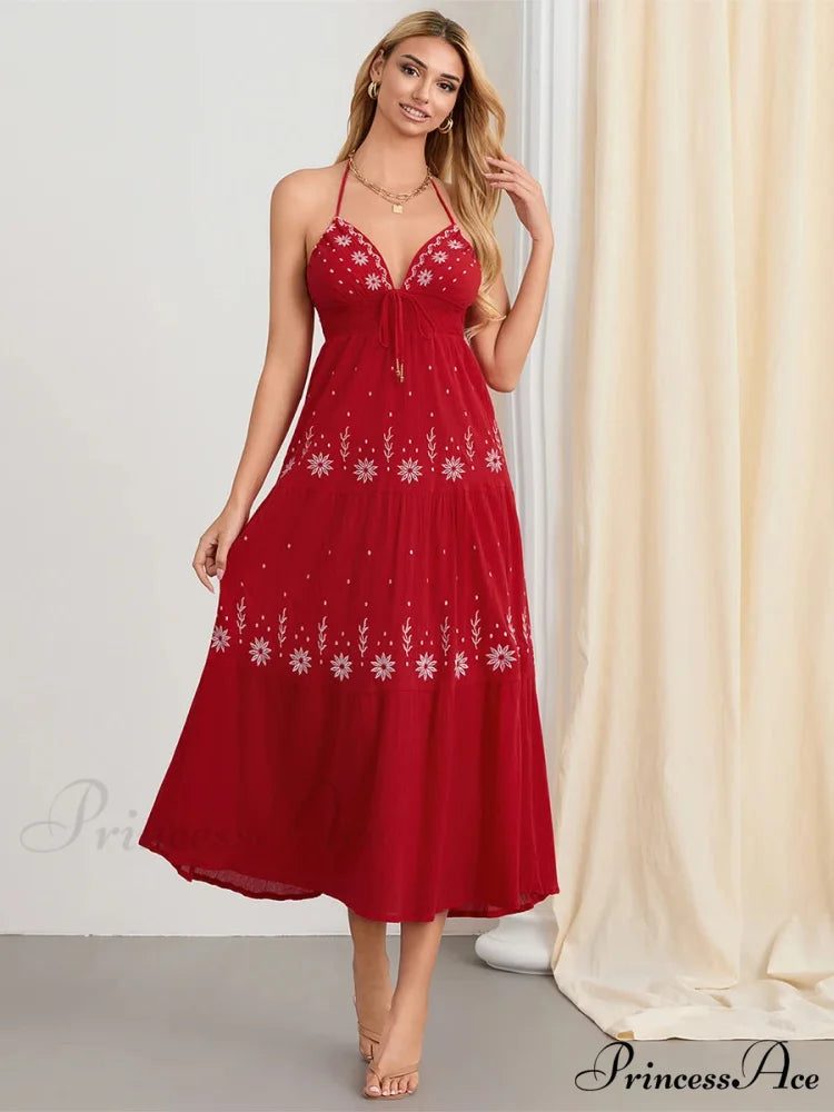 Floral Stitched Cinch-Up Halter Bohemian Open-Back A-Line Beach Dress RED / S floraldress-250126