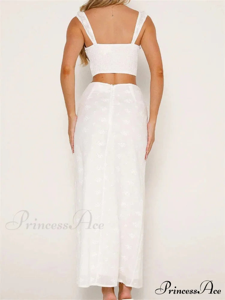 Floral Stitched Sleeveless Midriff Top High Waisted Maxi Skirt skirt-250126