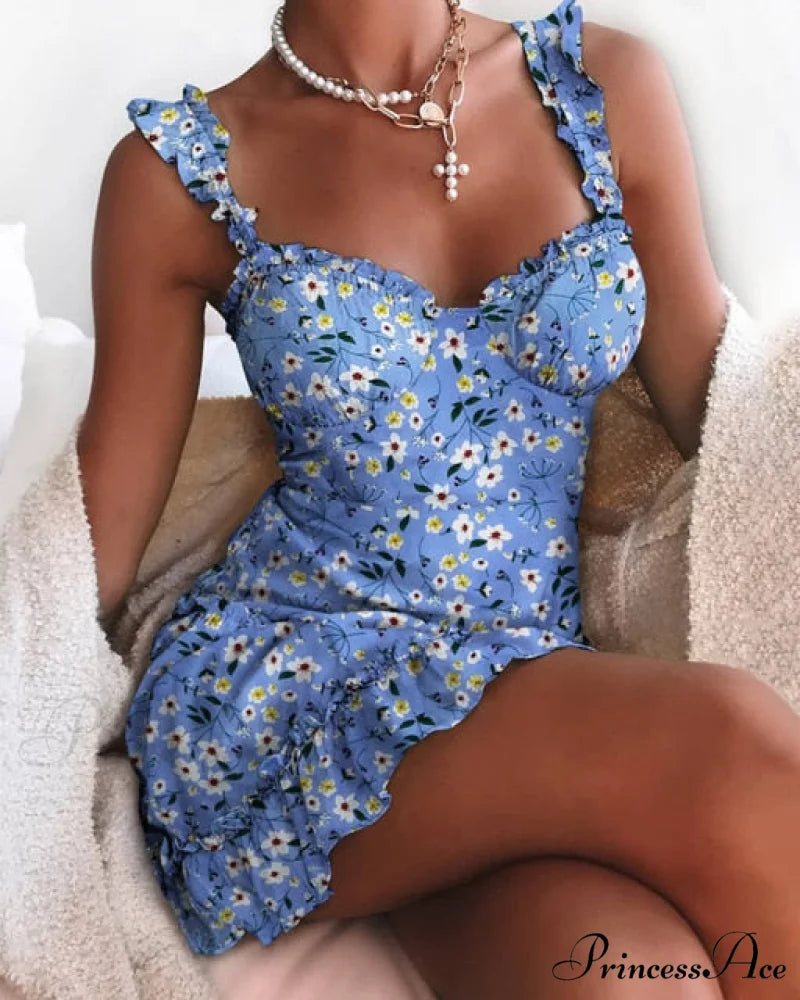 Floral Sweet Lace Ruched Ruffles Tutu Mini Dress Blue / S