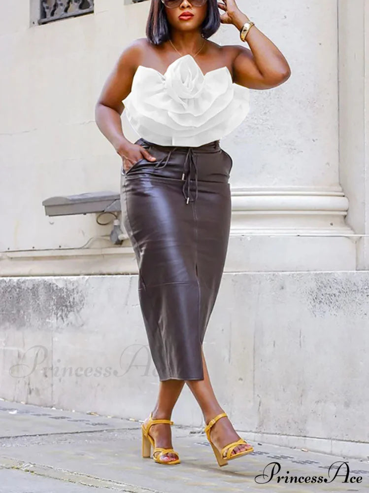 Floral Tie Strap Sheer Lace Mesh Sophisticated Scalloped Crop Tube Top - Lilac White / S