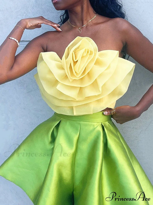 Floral Tie Strap Sheer Lace Mesh Sophisticated Scalloped Crop Tube Top - Lilac Yellow / S