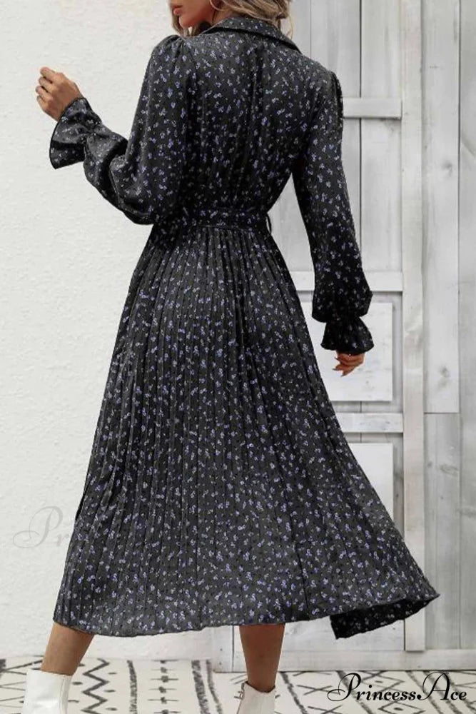 Floral Tie Waist Long Sleeve Pleated Midi Dress Black / L
