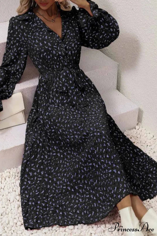 Floral Tie Waist Long Sleeve Pleated Midi Dress Black / M