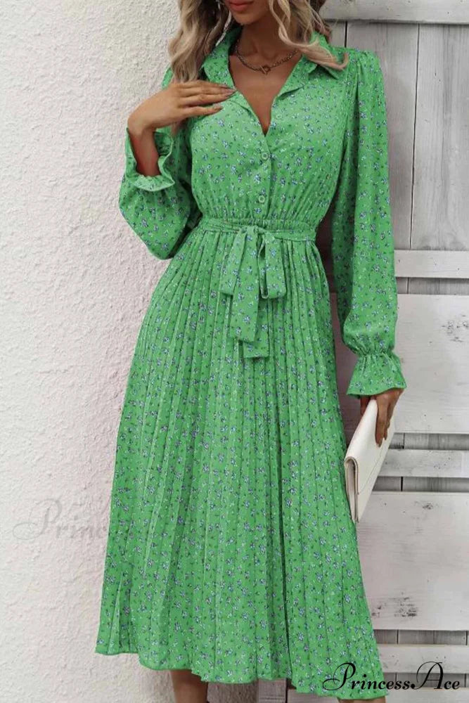 Floral Tie Waist Long Sleeve Pleated Midi Dress Green / L
