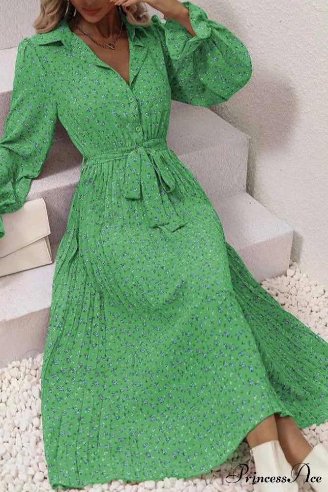 Floral Tie Waist Long Sleeve Pleated Midi Dress Green / M