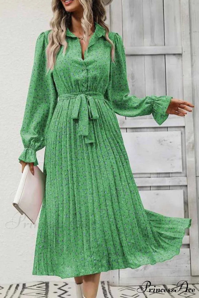 Floral Tie Waist Long Sleeve Pleated Midi Dress Green / S