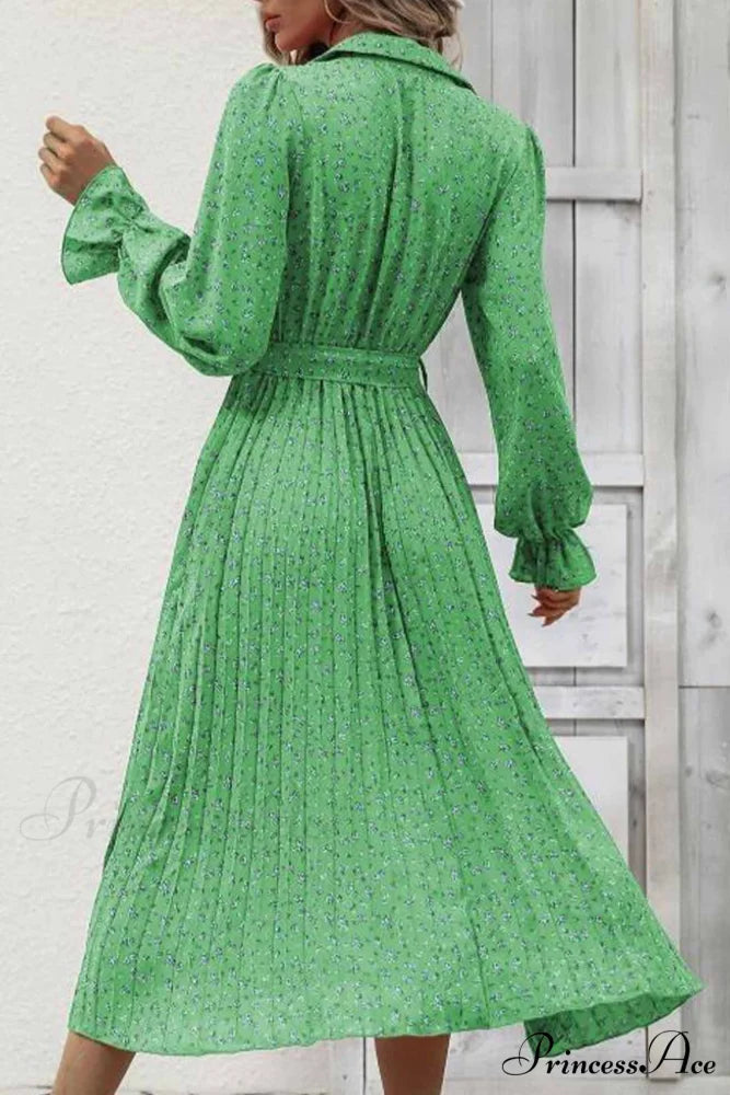 Floral Tie Waist Long Sleeve Pleated Midi Dress Green / XL
