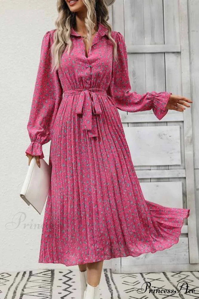 Floral Tie Waist Long Sleeve Pleated Midi Dress Rose / L