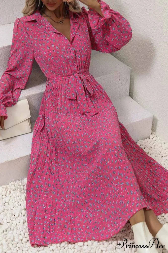 Floral Tie Waist Long Sleeve Pleated Midi Dress Rose / S