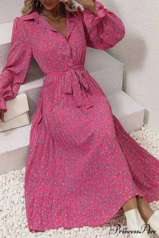 Floral Tie Waist Long Sleeve Pleated Midi Dress Rose / S