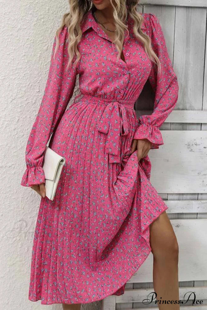 Floral Tie Waist Long Sleeve Pleated Midi Dress Rose / XL