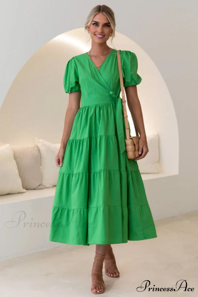 Floral Tiered Stylish Surplice Dress S / Green