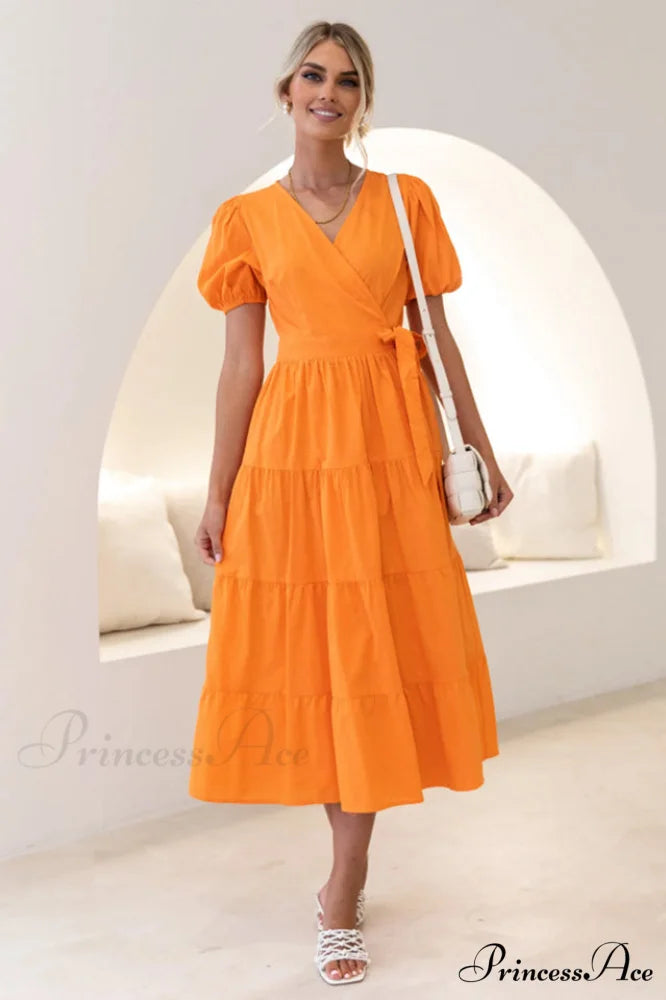 Floral Tiered Stylish Surplice Dress S / Tangerine