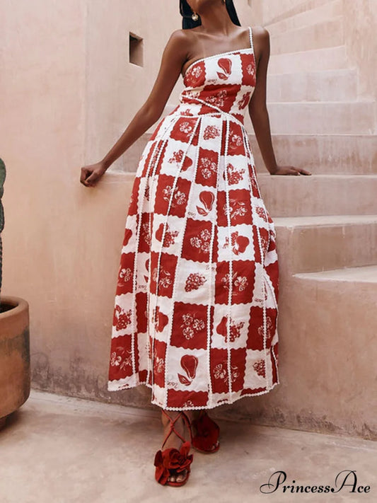 Floral Trim Unique Printed Graceful One Shoulder Flared Maxi Dress