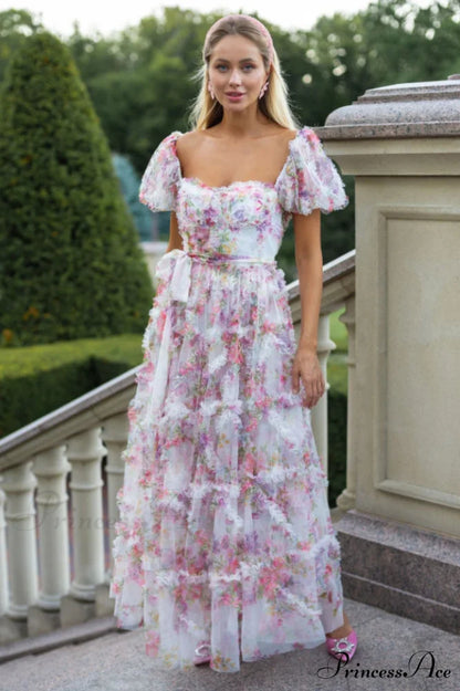 Floral Tulle Puff Sleeve Graceful Bow Tie Maxi Dress