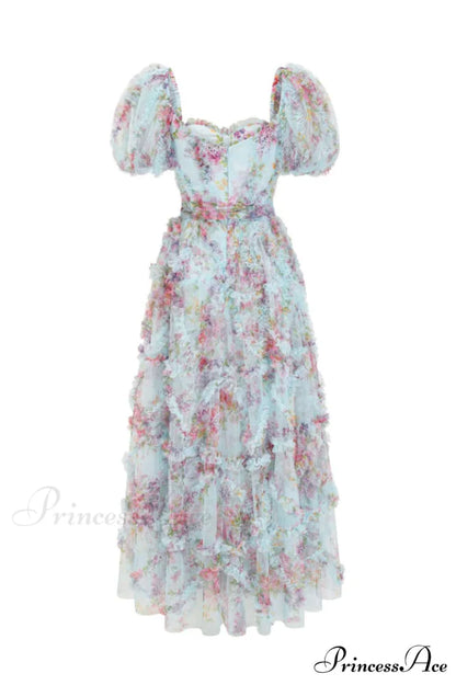 Floral Tulle Puff Sleeve Graceful Bow Tie Maxi Dress