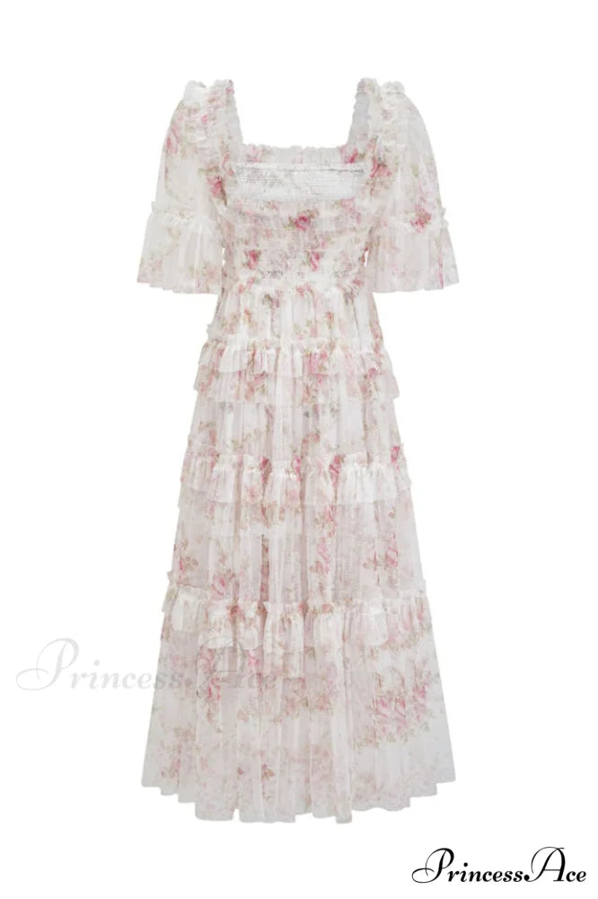 Floral Tulle Ruffle Charming Layered Maxi Dress