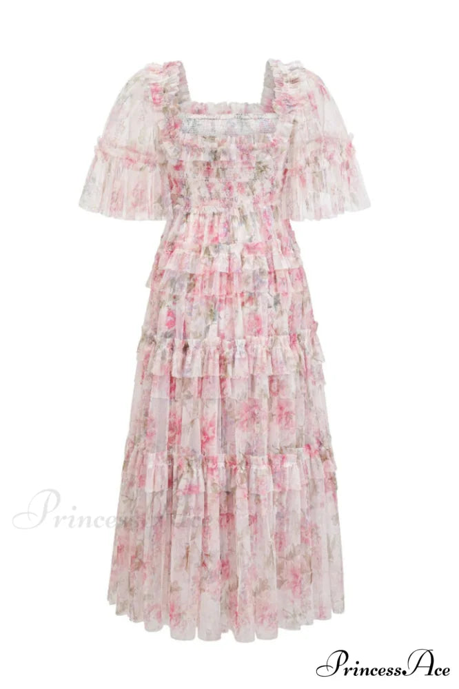 Floral Tulle Ruffle Charming Layered Maxi Dress