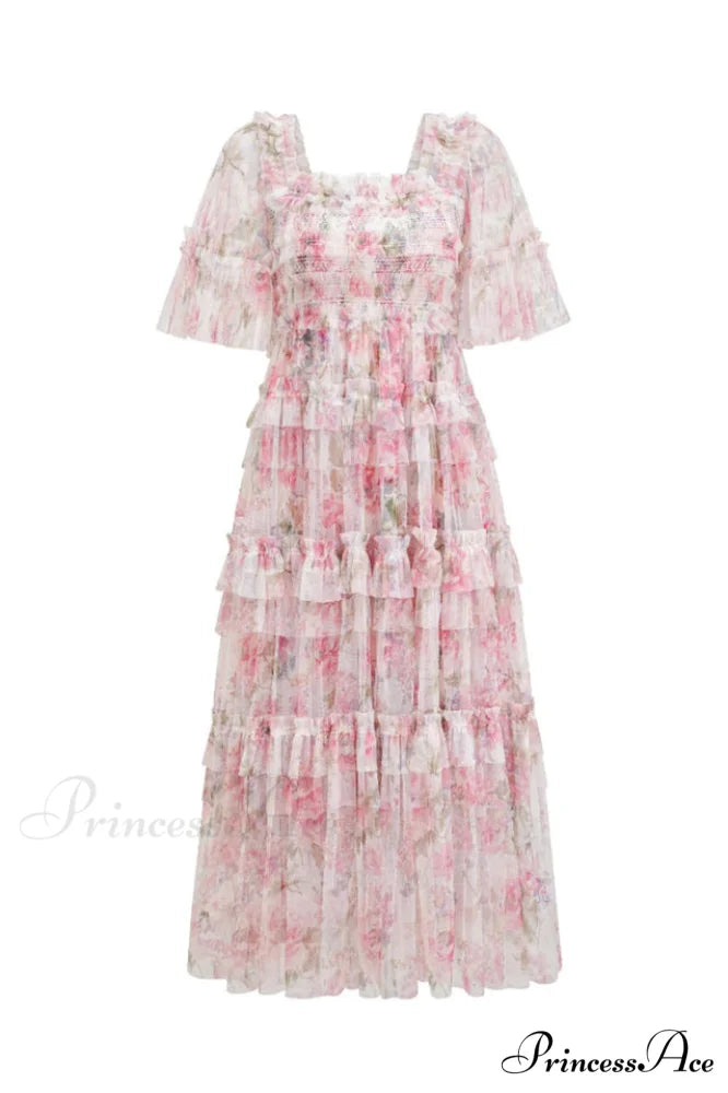 Floral Tulle Ruffle Charming Layered Maxi Dress S / 1#