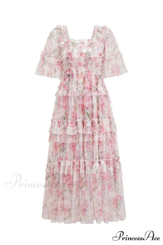 Floral Tulle Ruffle Charming Layered Maxi Dress S / 1#