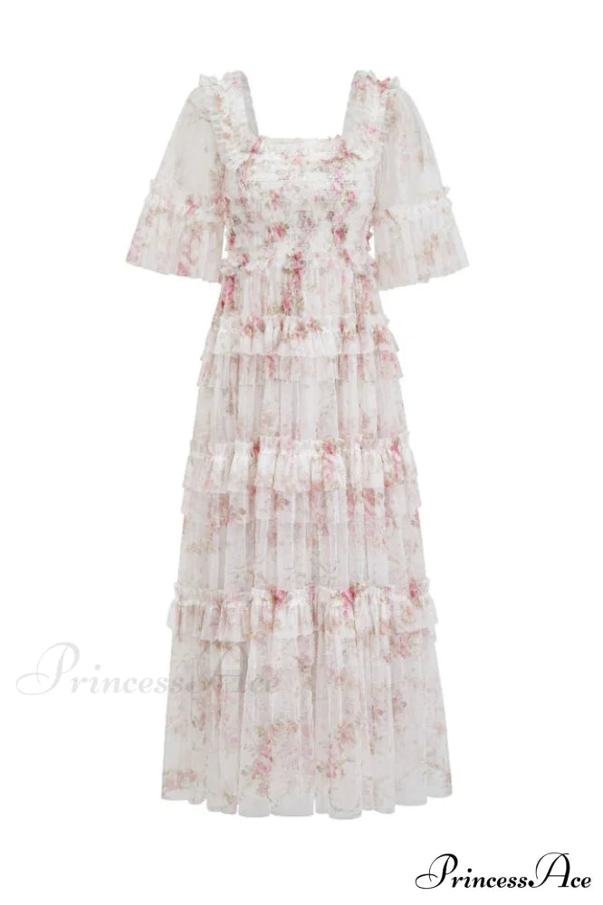 Floral Tulle Ruffle Charming Layered Maxi Dress S / 2#
