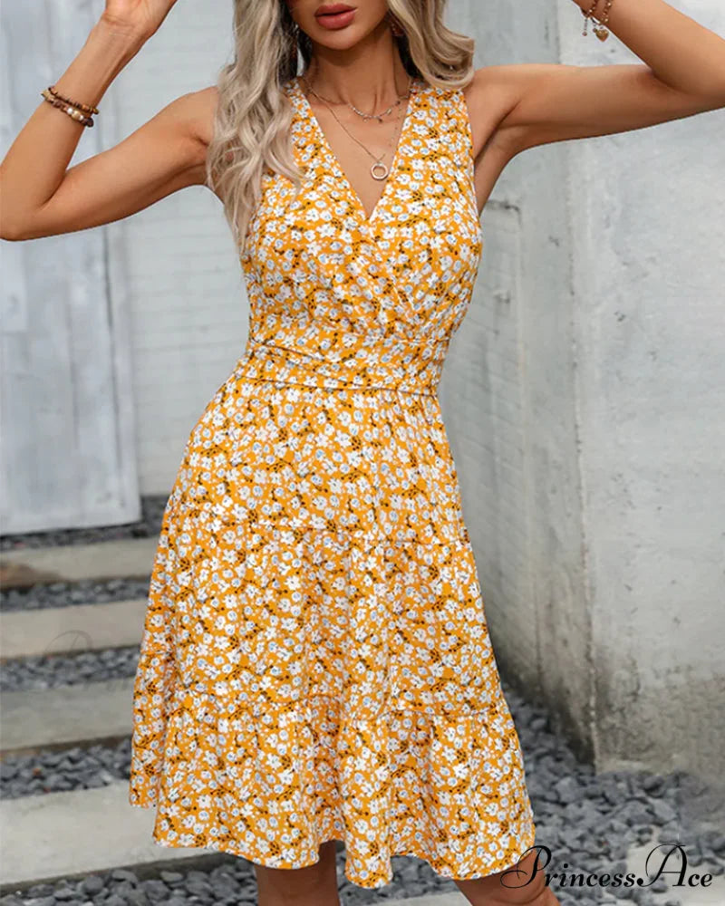 Floral V-neck A-line Dress