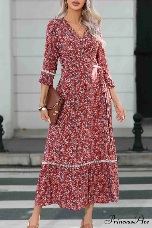 Floral V Neck Midi Dress with Slit Red / M