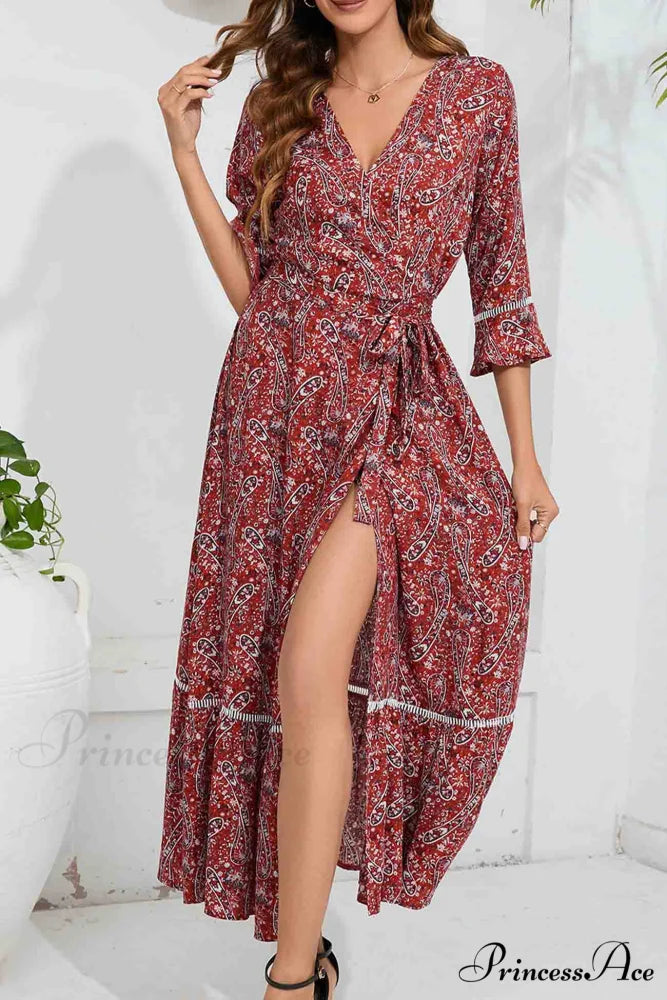 Floral V Neck Midi Dress with Slit Red / S