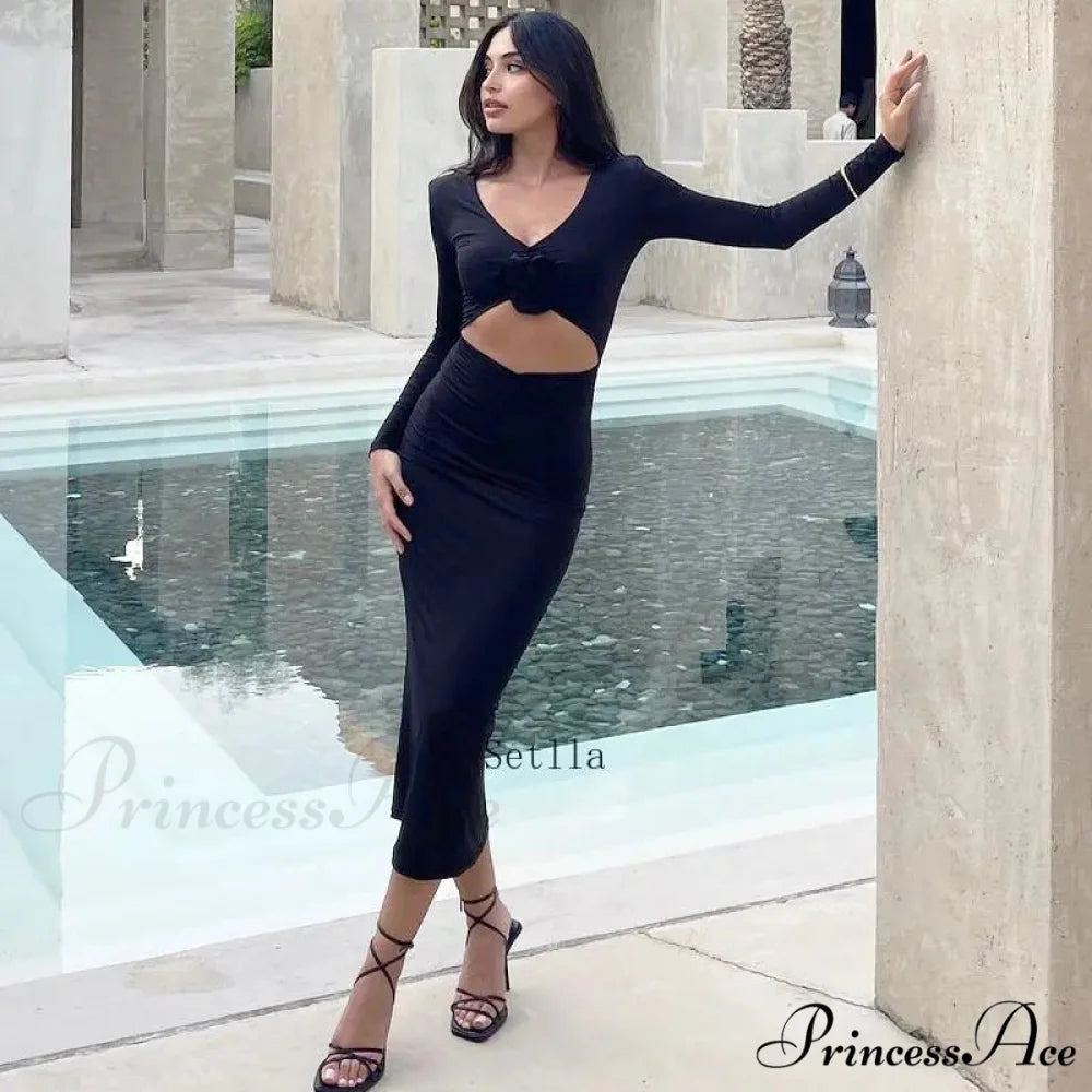 Florale Cut Out Long for Women Long Sleeve Sexy Sexy Midi Dress