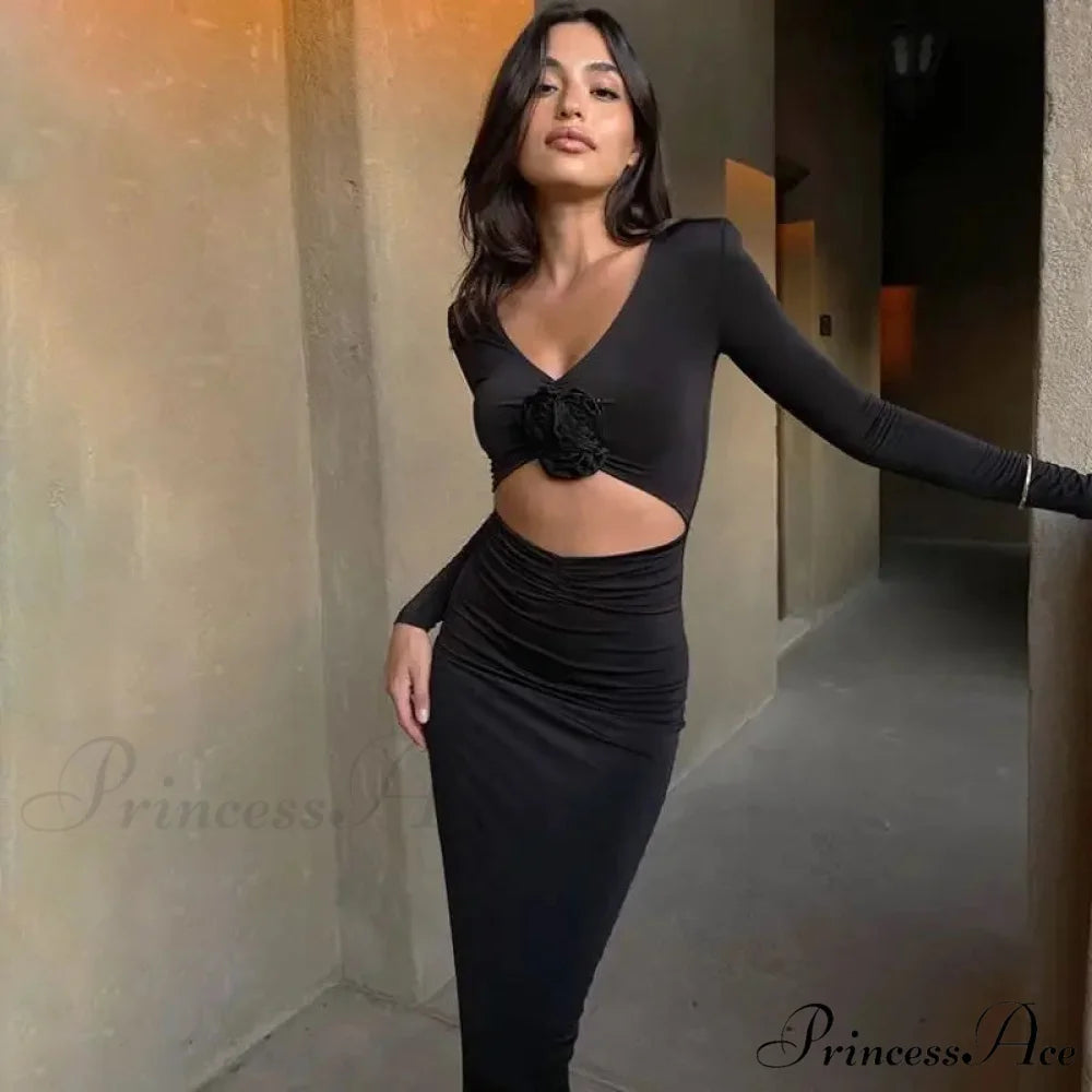 Florale Cut Out Long for Women Long Sleeve Sexy Sexy Midi Dress Black / S