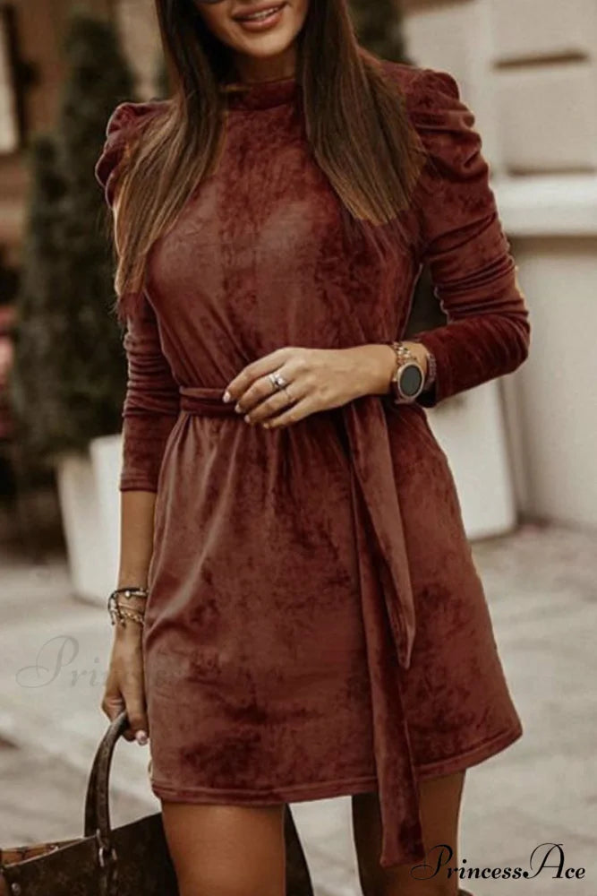 Florcoo Irregular Solid Trendy Collar Mini Dress S / Brown