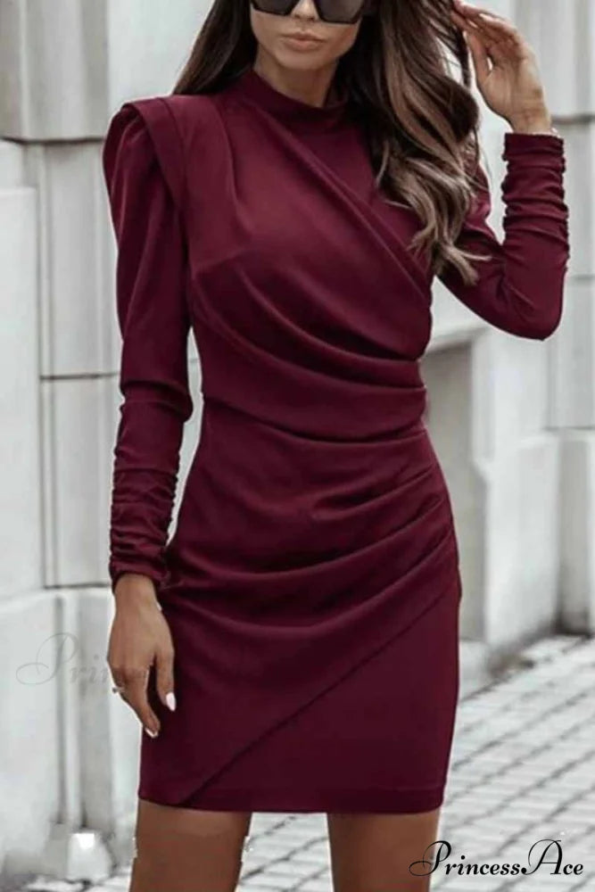 Florcoo Ruffle Print Trendy Long Sleeves Mini Dress S / Red Wine