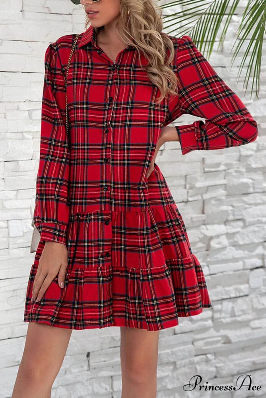 Florcoo Solid Color Trendy Ruffled Waist Mini Dress Red / S