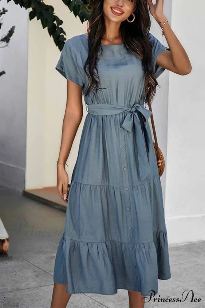 Florcoo White Print Trendy Long Sleeves Mini Dress S / Blue