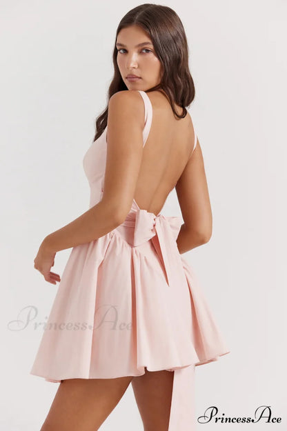 Floriane Peach Stylish Bow Mini Dress