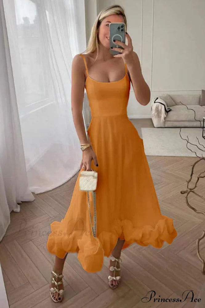 Flounce Bustier Stylish Midi Dress S / Orange