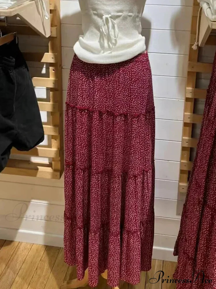 Flounced Blooming Crimson High Waist A-Line Skirt Red / One Size skirt-250126