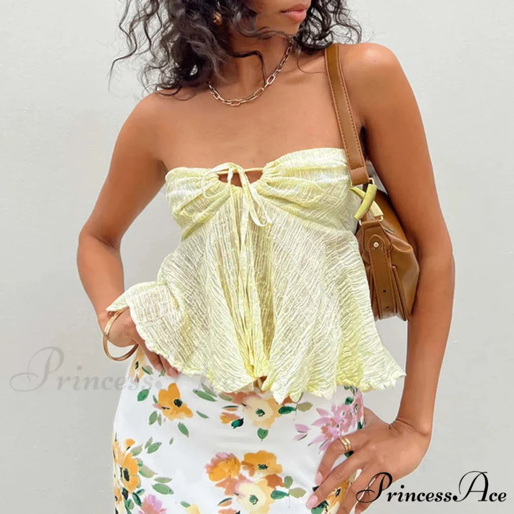 Flounced Off-Shoulder Crop Top Light Yellow / S croptop-250223