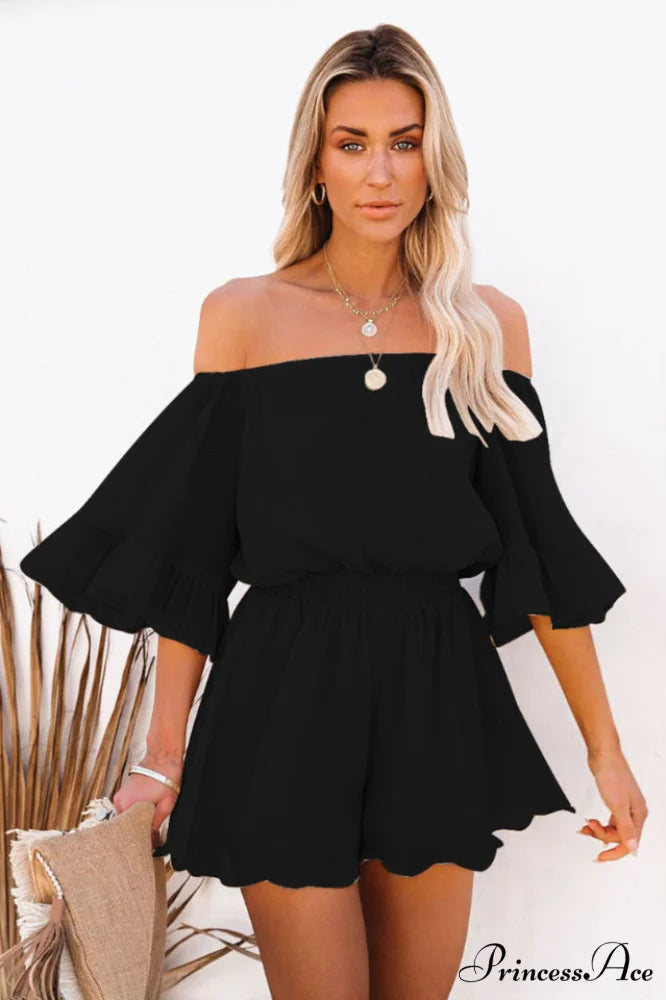 Flounced Sleeve Stylish Off Shoulder Romper S / Black