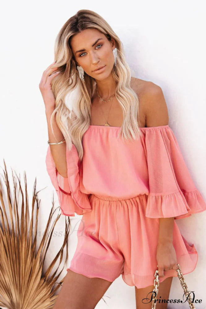 Flounced Sleeve Stylish Off Shoulder Romper S / Grapfruit