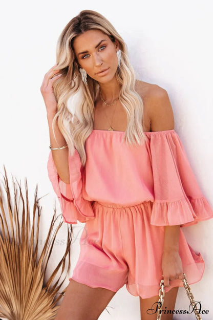 Flounced Sleeve Stylish Off Shoulder Romper S / Grapfruit