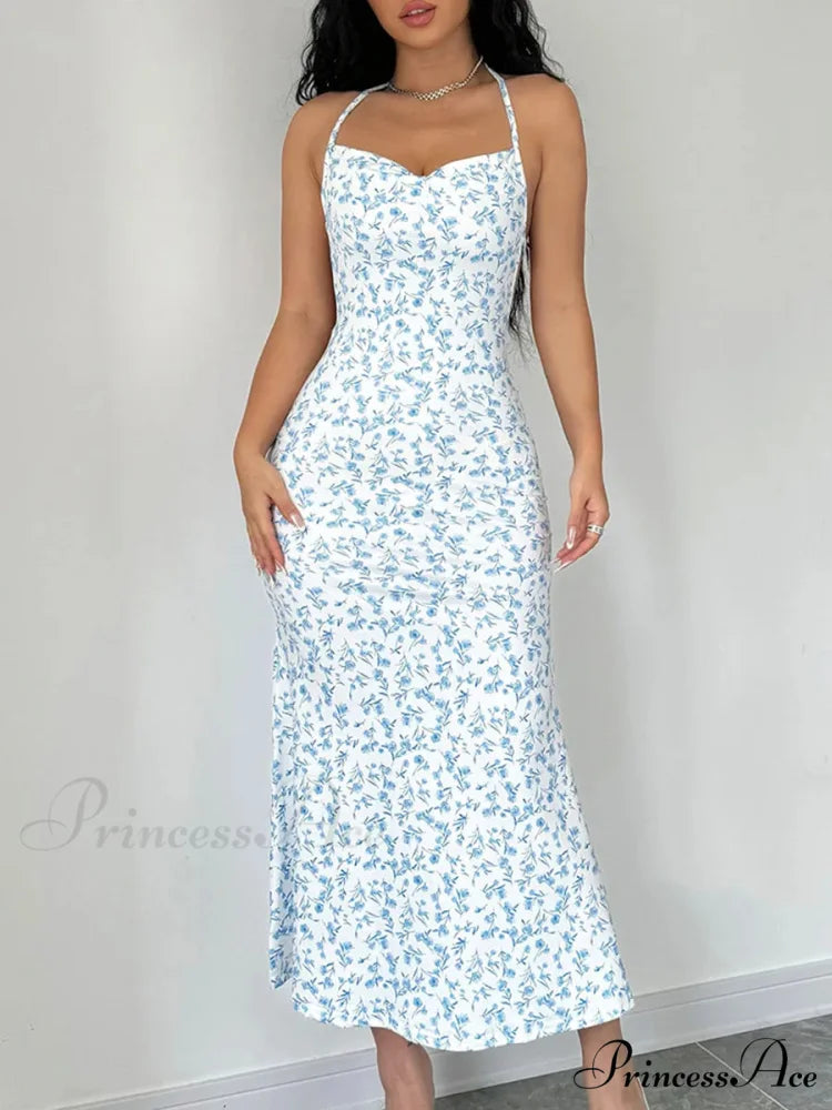 Flower Bound Open-Back Halter Divided Flower Dress Light Blue / S floraldress-250126