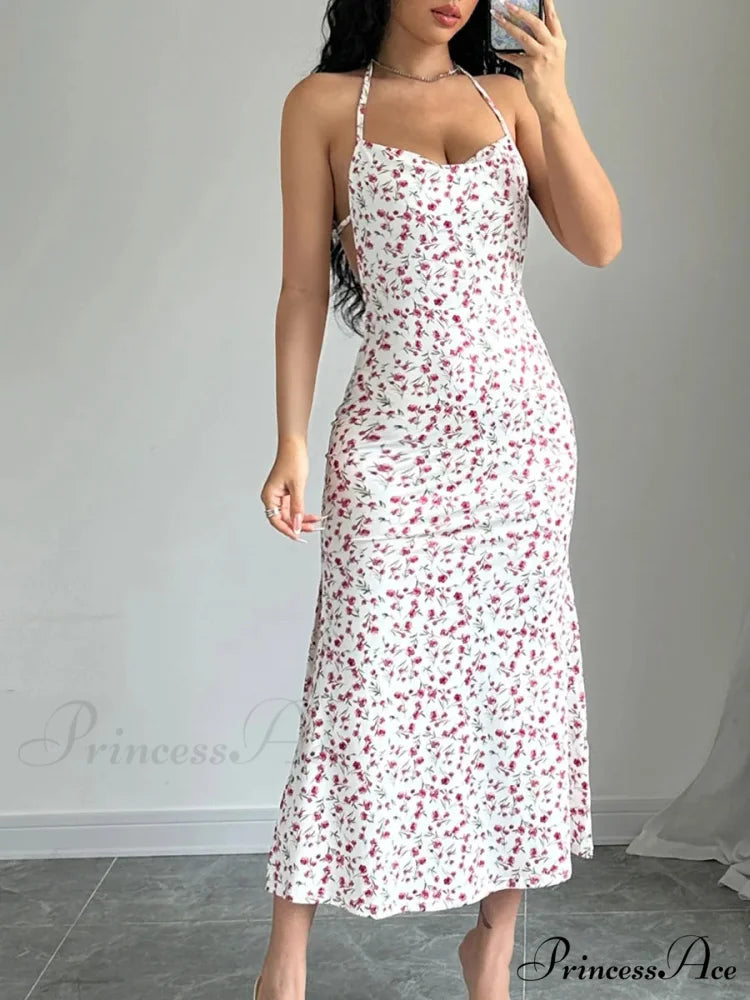 Flower Bound Open-Back Halter Divided Flower Dress Red / S floraldress-250126