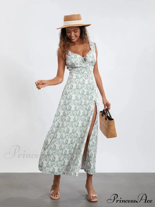 Flower Child Tank Dress Sleeveless Frilled Tie-up Sweetheart Floral Dress Blue / S floraldress-250126