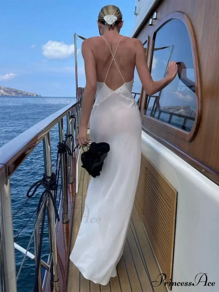 Flower Deep V-Neck Maxi Party Dress WHITE / S