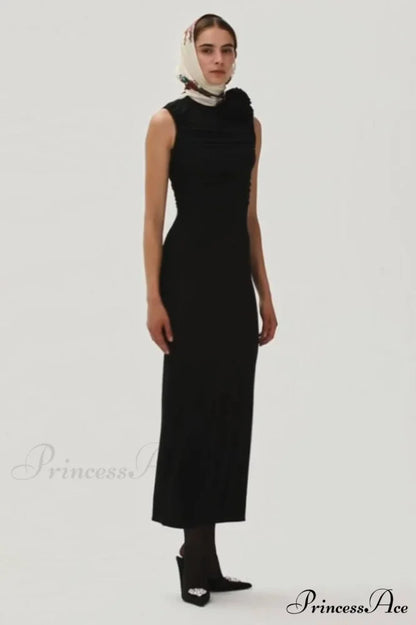 Flower Detail Stylish Ruched Midi Dress