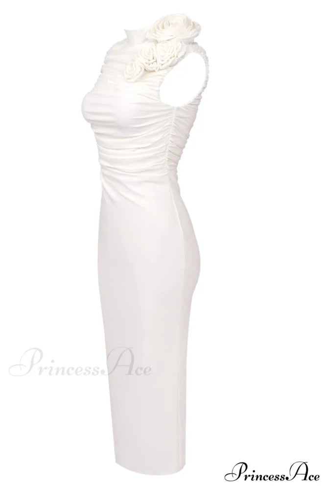 Flower Detail Stylish Ruched Midi Dress