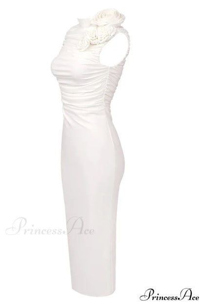 Flower Detail Stylish Ruched Midi Dress